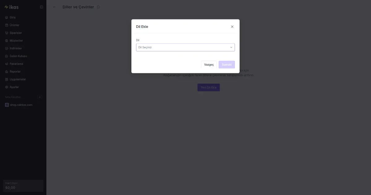 ikas panelinde yeni dil ekleme ve tema kopyalama ekranı