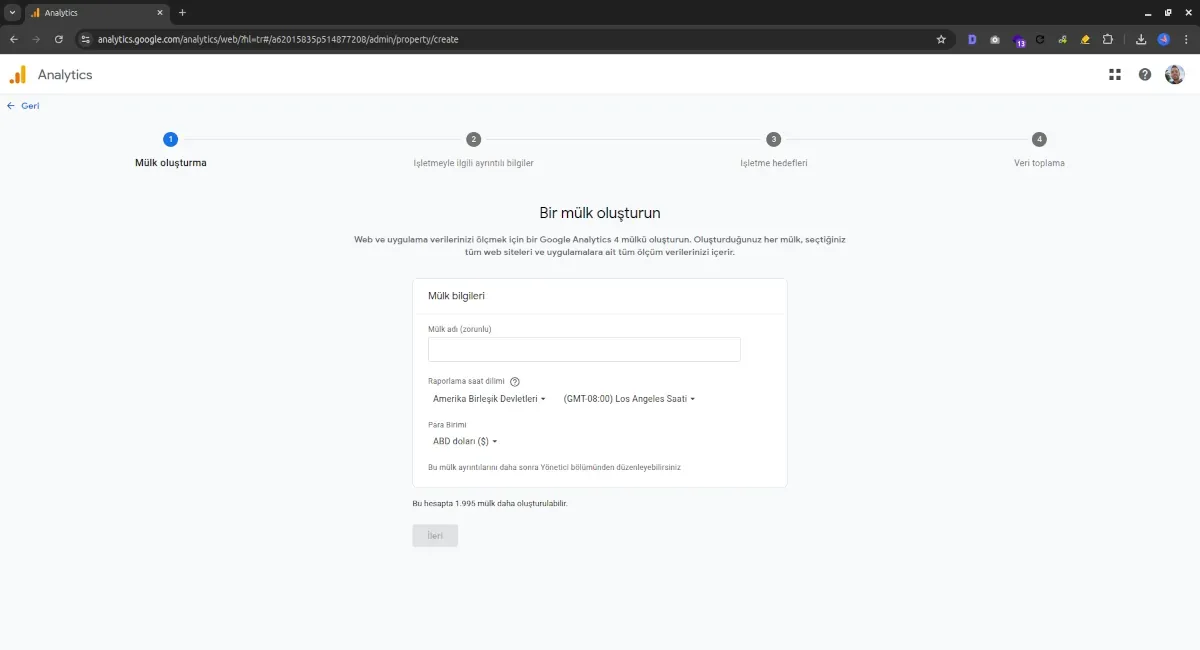 ikas panelinde GA4 mülk oluşturma ekranı