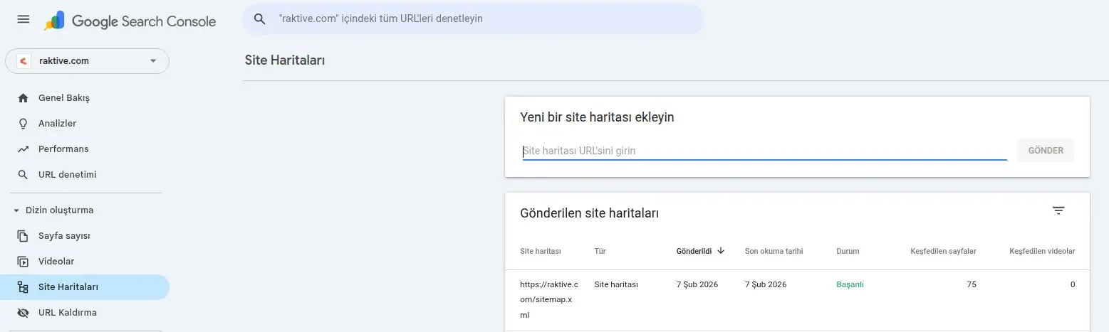 Google Search Console site haritası ekleme ekranı