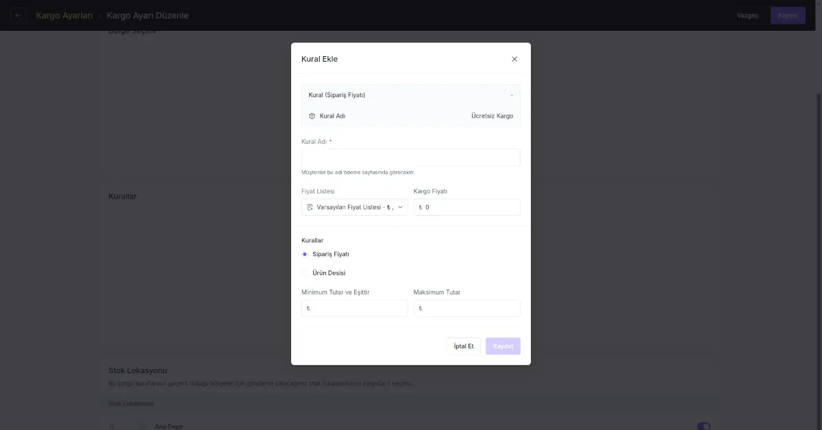 ikas panelinde kargo kural seti oluşturma ekranı - sipariş fiyatı ve kargo ücreti ayarları