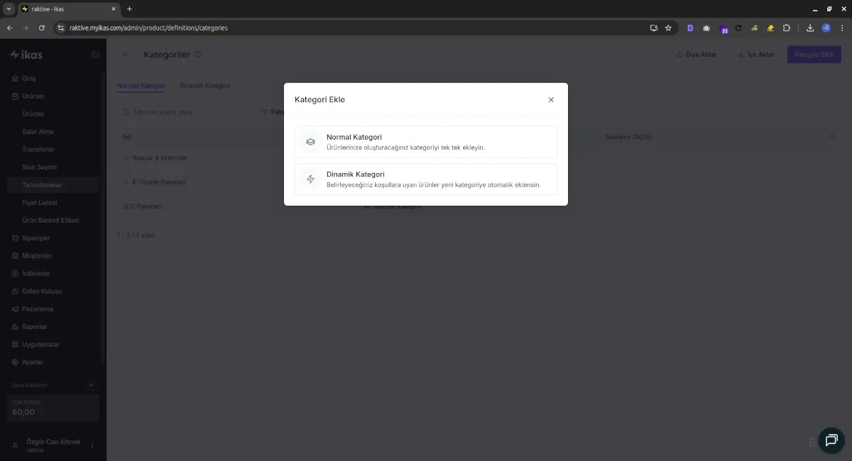 ikas Kategori Tanımlama Ekranı