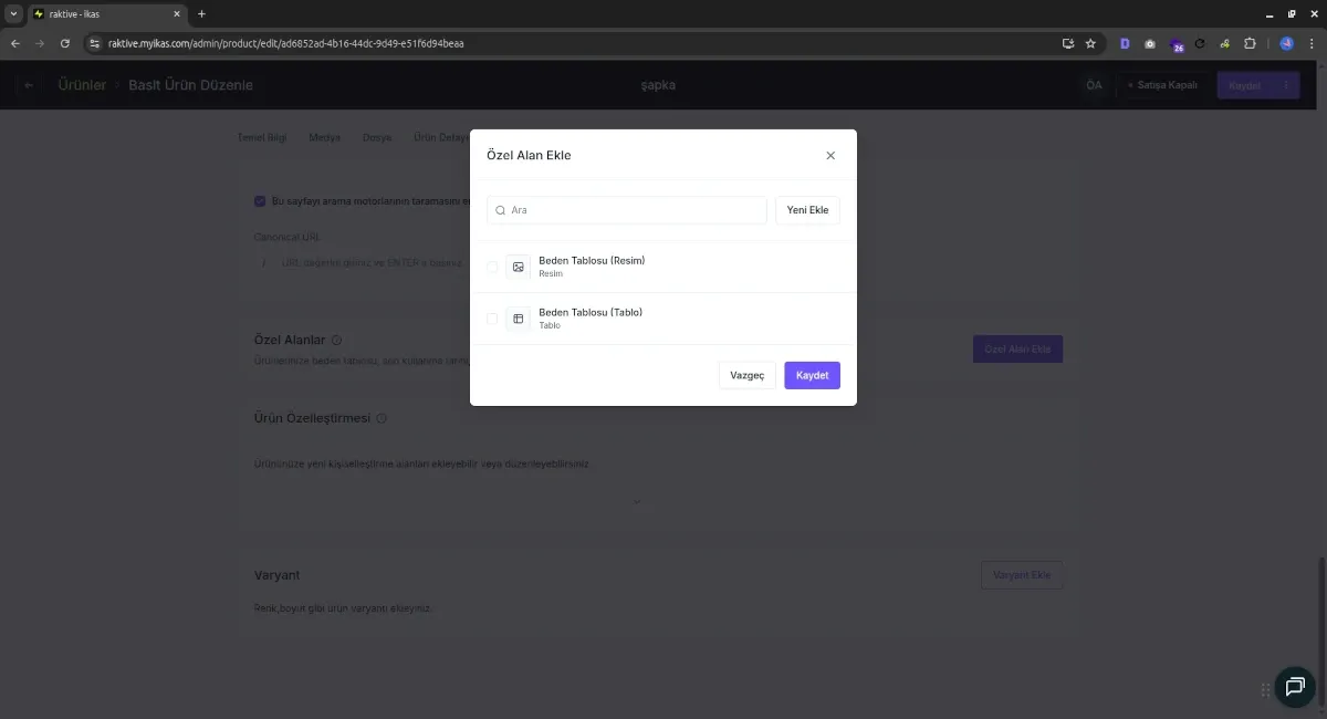 ikas tema editörü ürün detay sayfası özel alanlar aktifleştirme