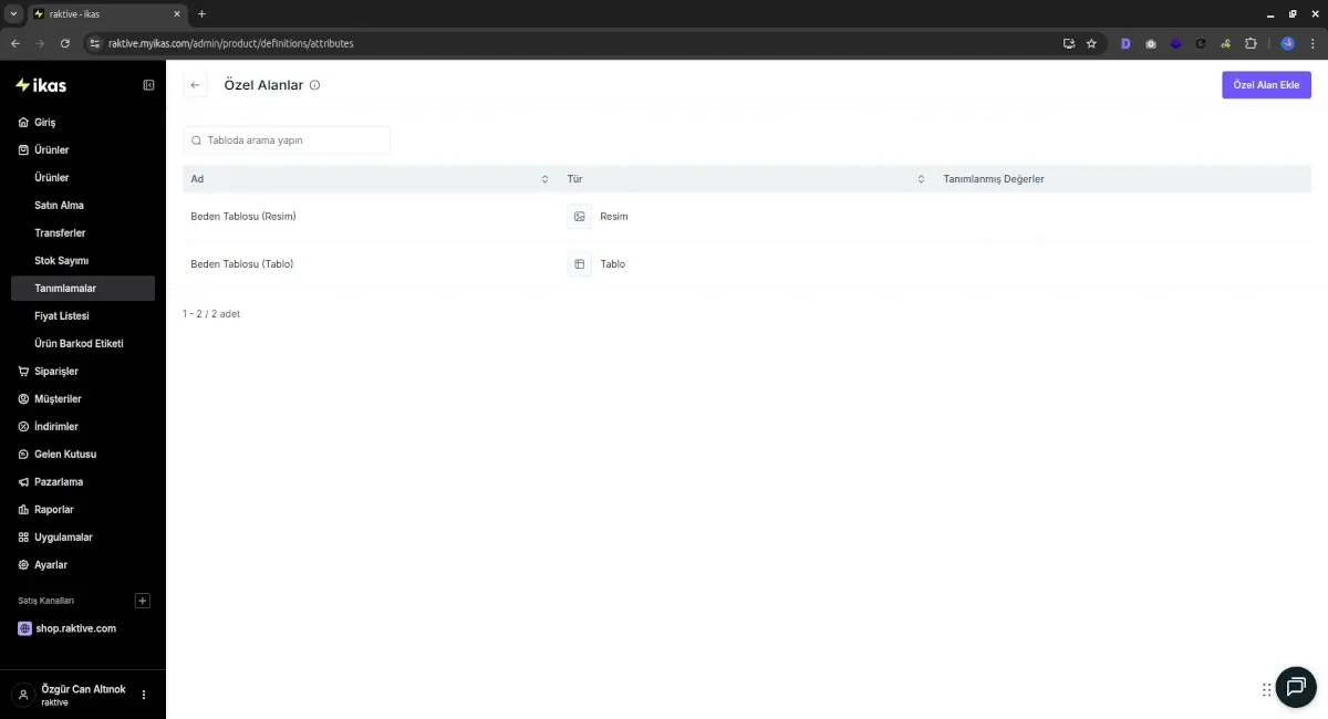 ikas panelinde özel alanlar üzerinden beden tablosu oluşturma ekranı
