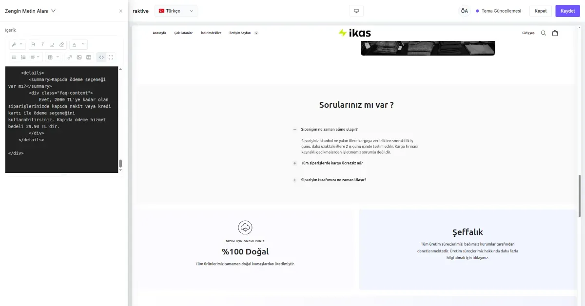 ikas SSS sayfası HTML düzenleme ve akordeon kod entegrasyonu