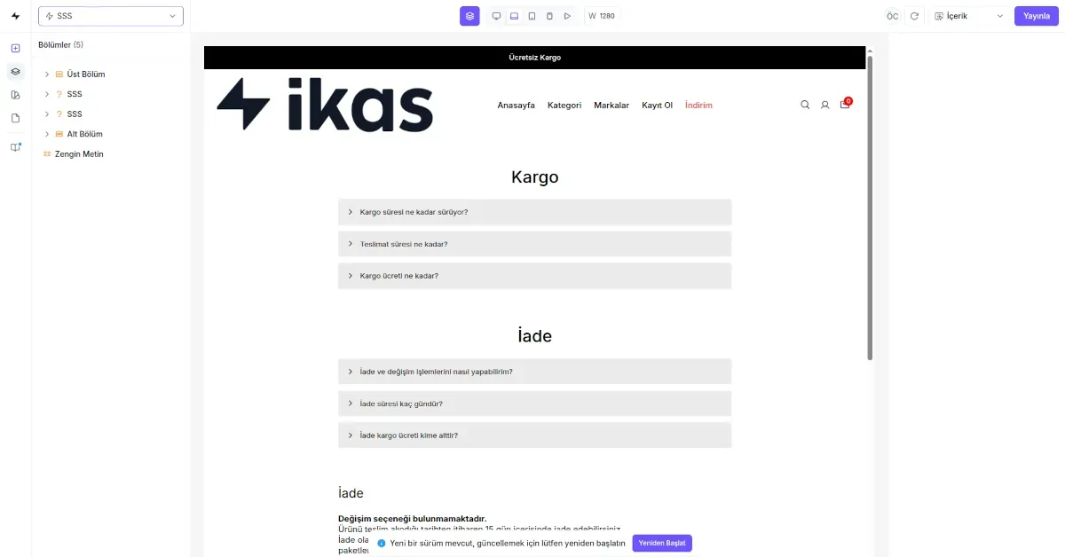 ikas panelinde SSS sayfası oluşturma - özel sayfa türü seçimi