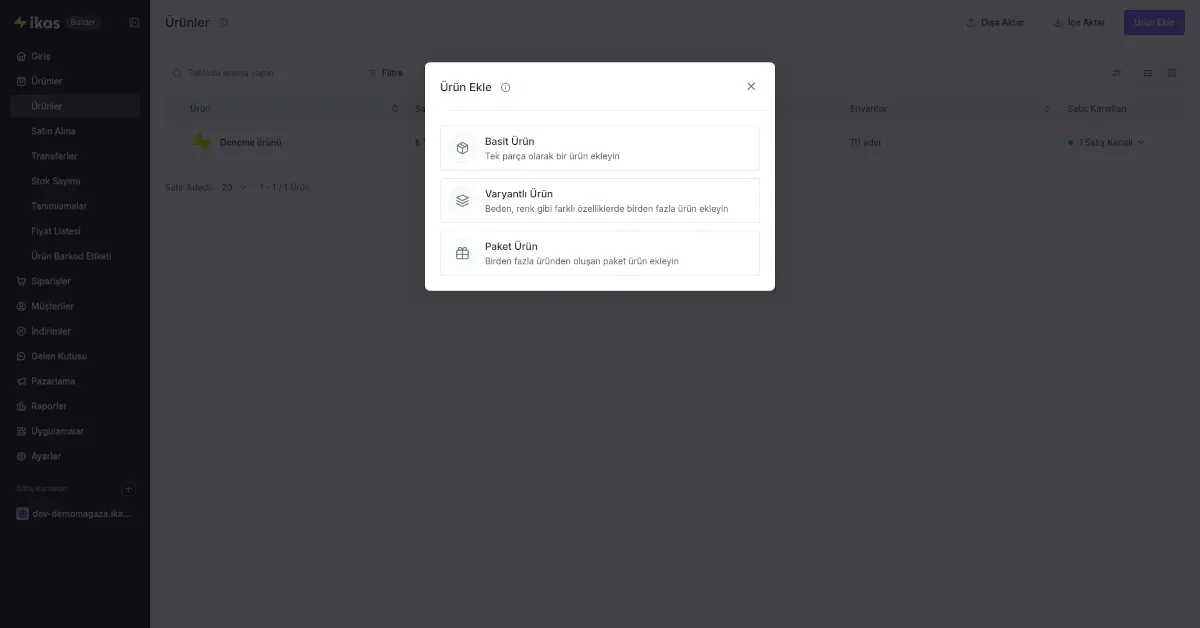 ikas panelinde varyantlı ürün yükleme ve özellik tanımlama ekranı