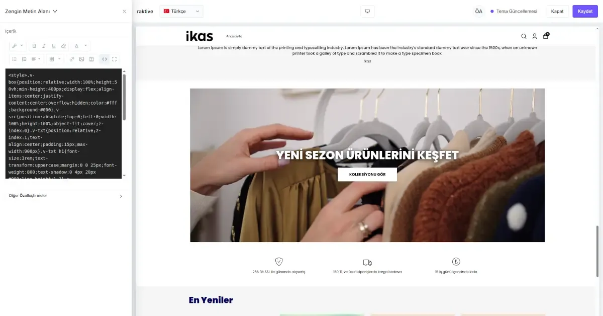 ikas panelinde video banner ekleme ayarları ve bileşen seçenekleri