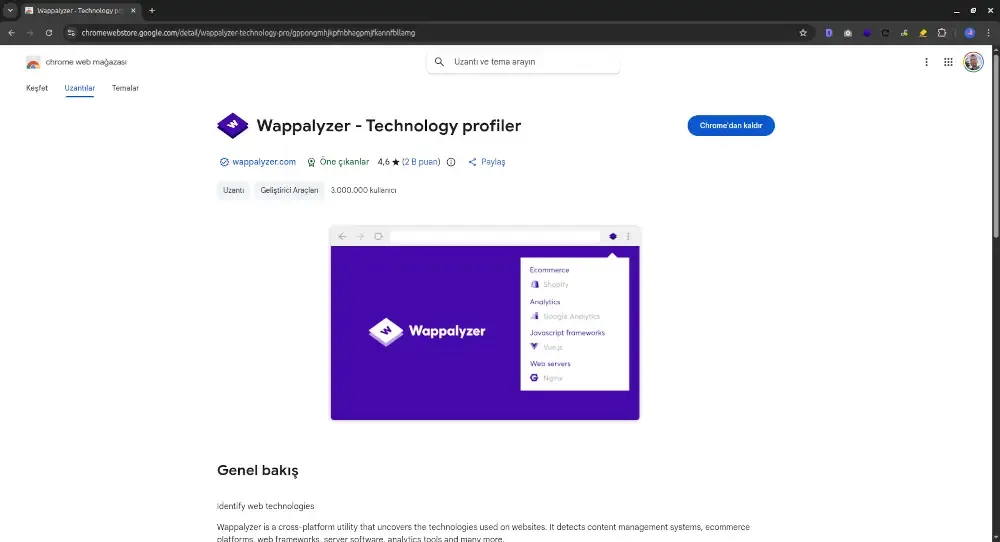 Wappalyzer Chrome eklentisi